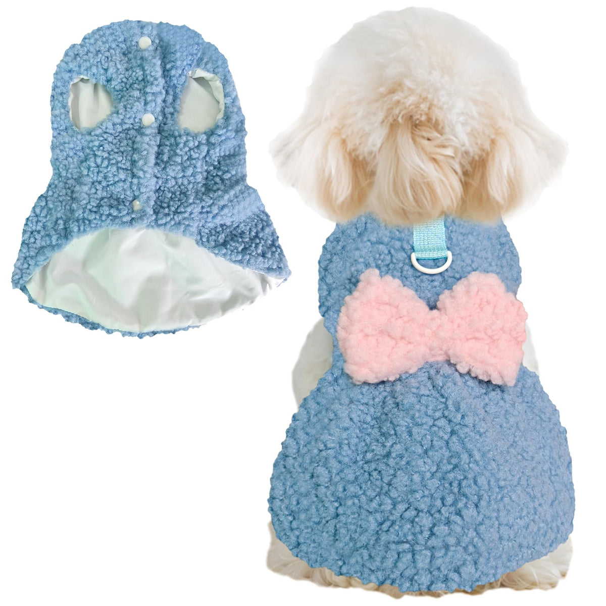 Jecikelon dog sweater dress blue front view with bow tie for winter warmth