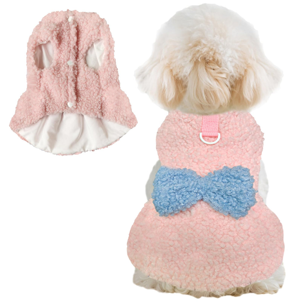 JECIKELON dog sweater dress in light pink with bow, perfect for cute photos and warmth.