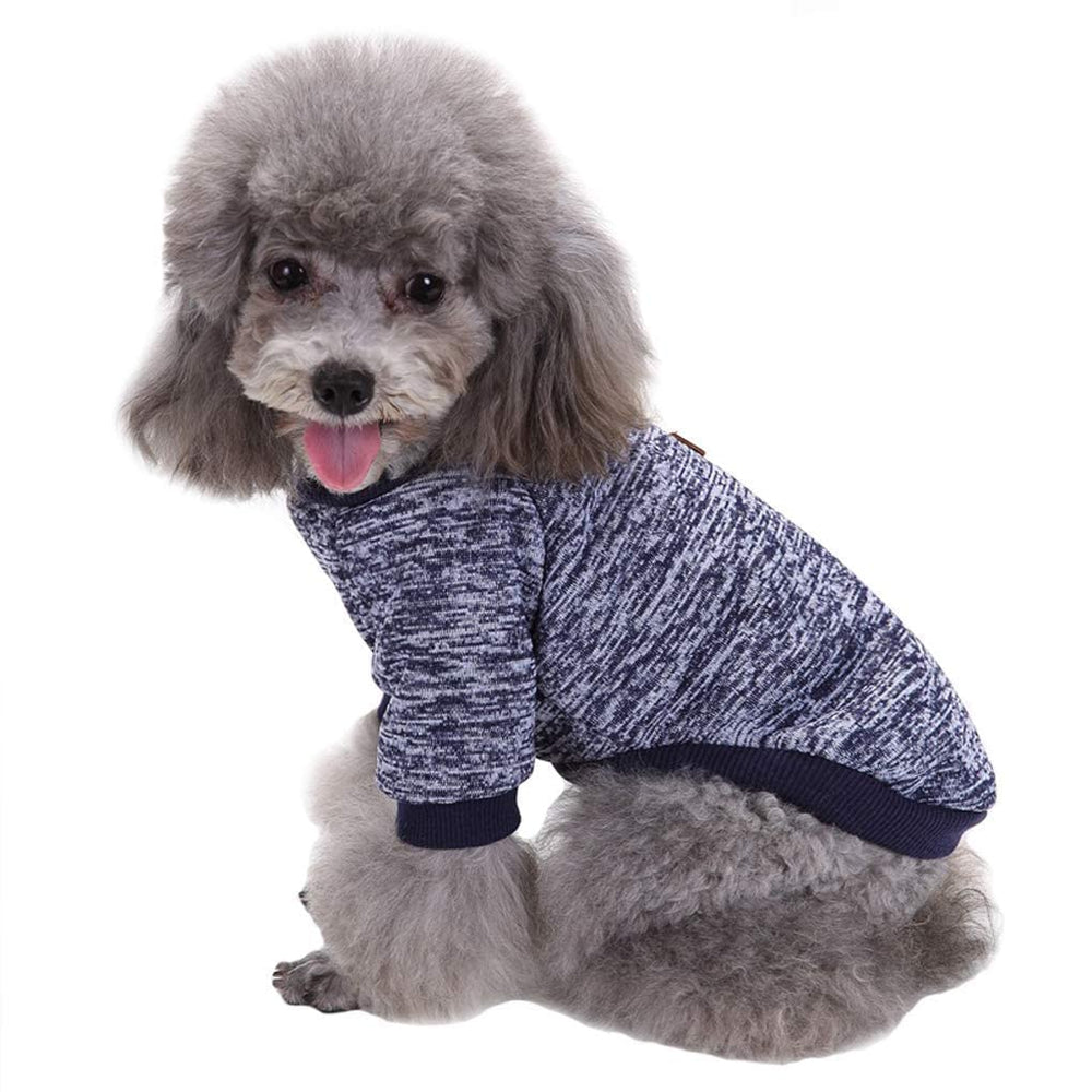Jecikelon dog sweater navy blue side view demonstrates easy pull-over design.