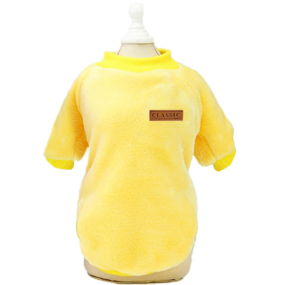 Jecikelon dog sweater yellow back view highlights snug fit for cold days.