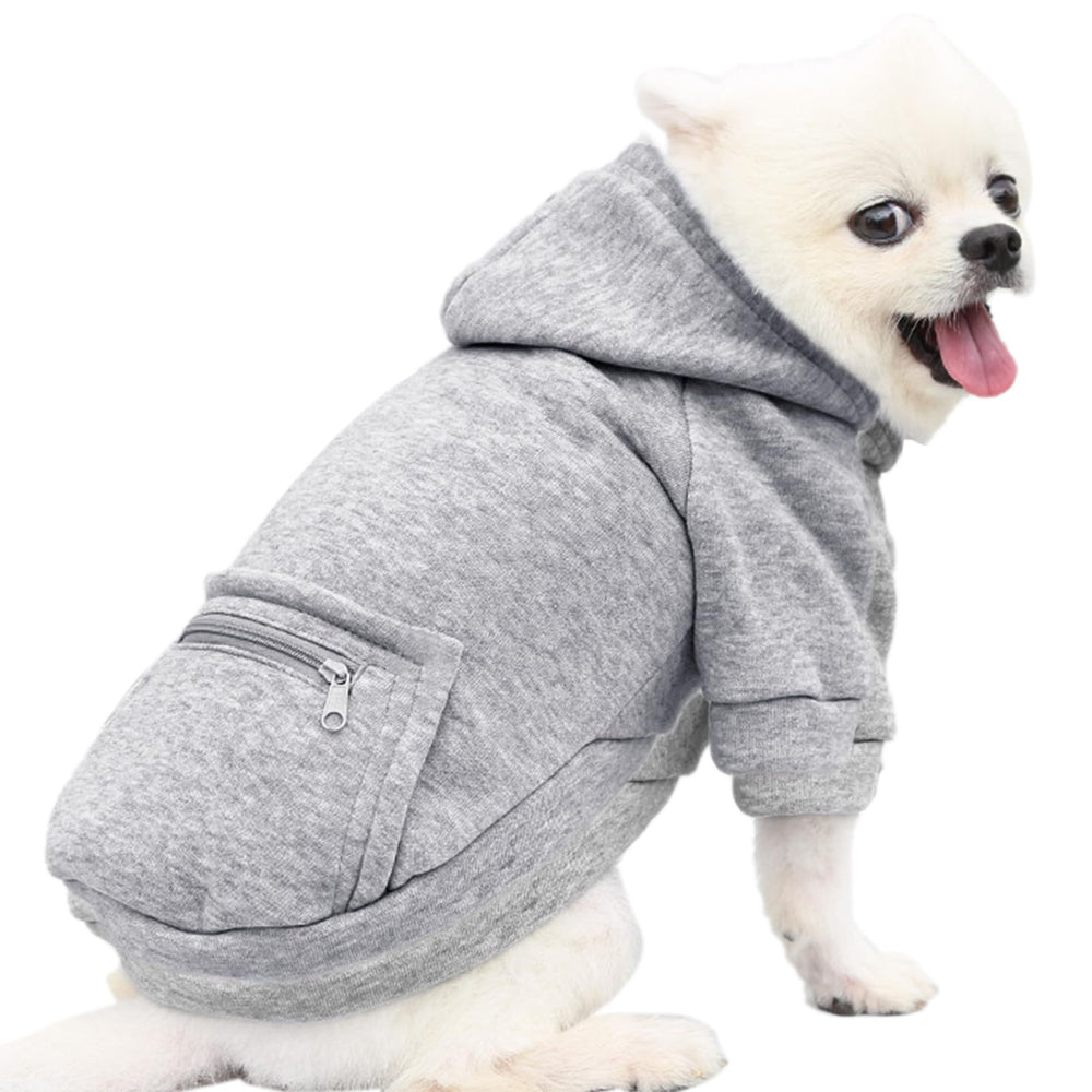 Jecikelon dog coat grey hoodie zipper pocket shows secure storage during walks