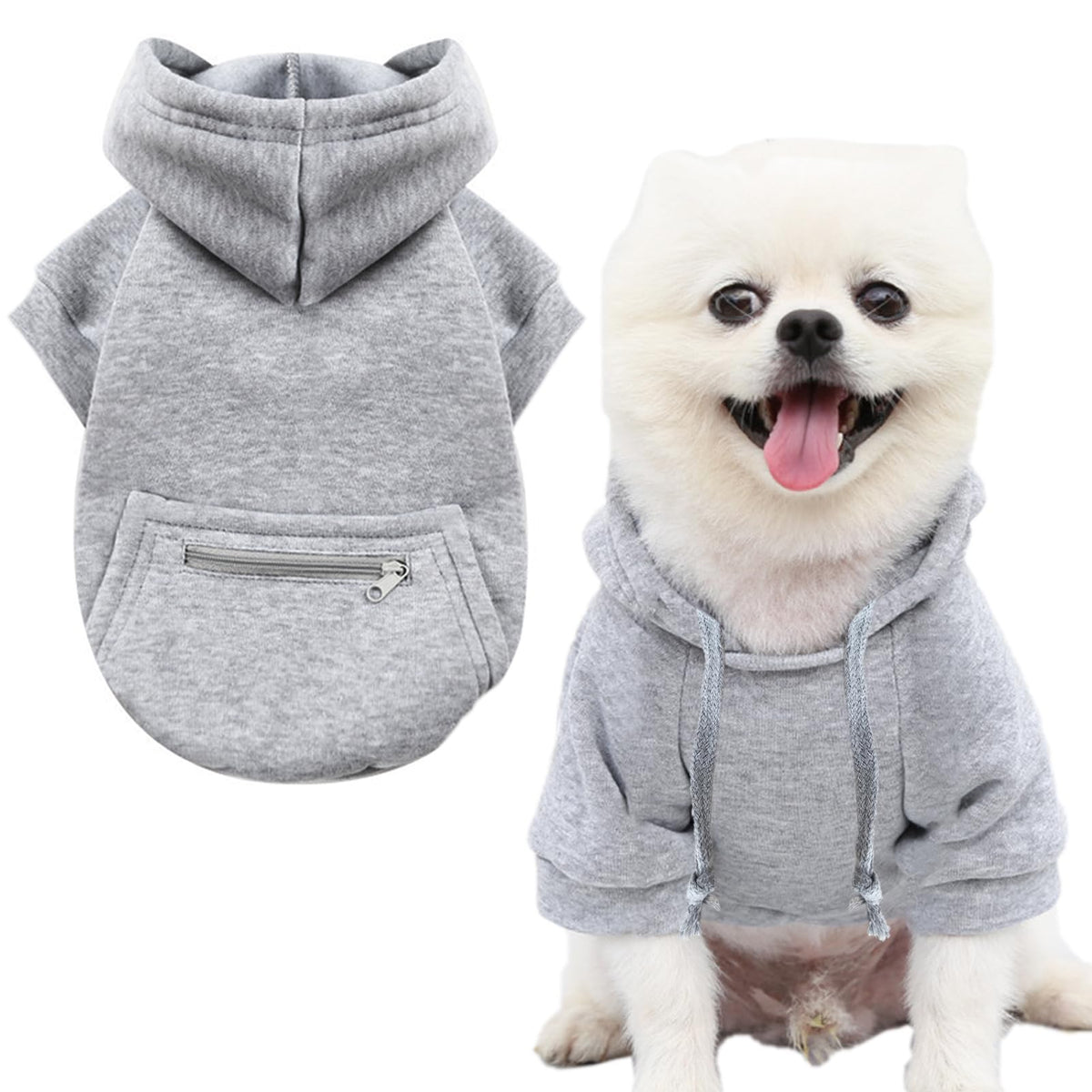 JECIKELON dog coat with pocket in grey, front view showing warm, practical pocket