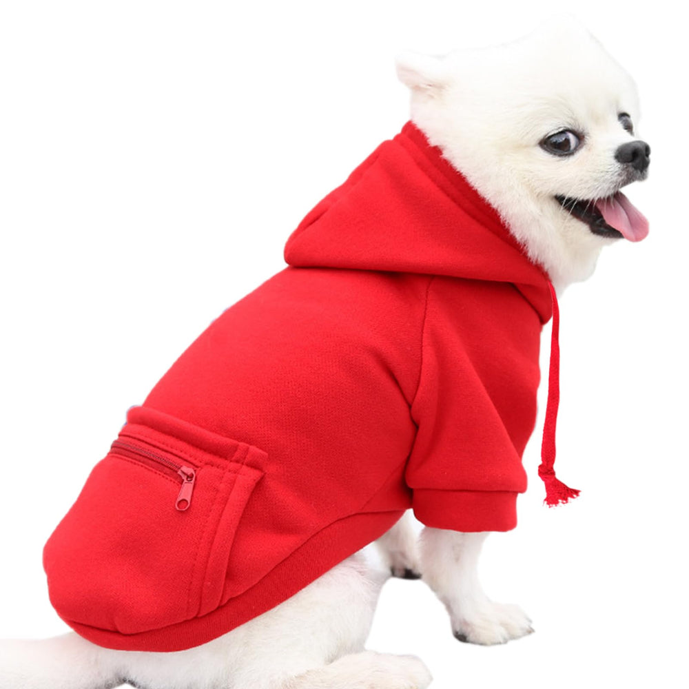 JECIKELON Winter Dog Hoodie side view in red for everyday outdoor walks.