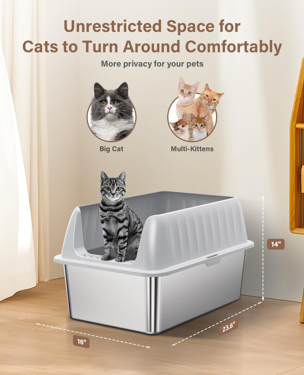 Jecoo stainless steel cat litter box XL interior view shows smooth nonstick surface for easy cleaning.