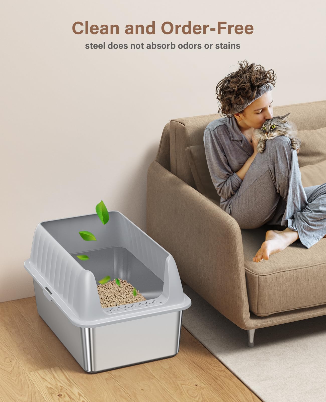 Jecoo stainless steel cat litter box base with non-slip feet keeps it steady during active moments.