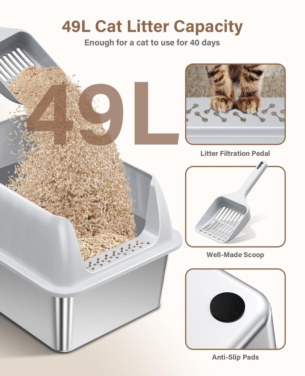 Jecoo stainless steel litter box features non-stick surface so waste slides off and reduces buildup.