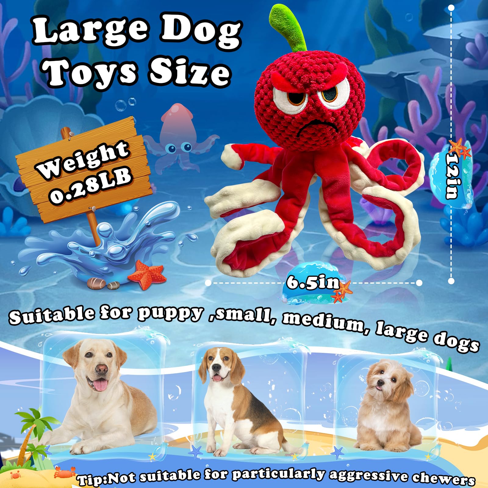 Jeefome octopus dog toy is large-dog friendly with 12-inch length.
