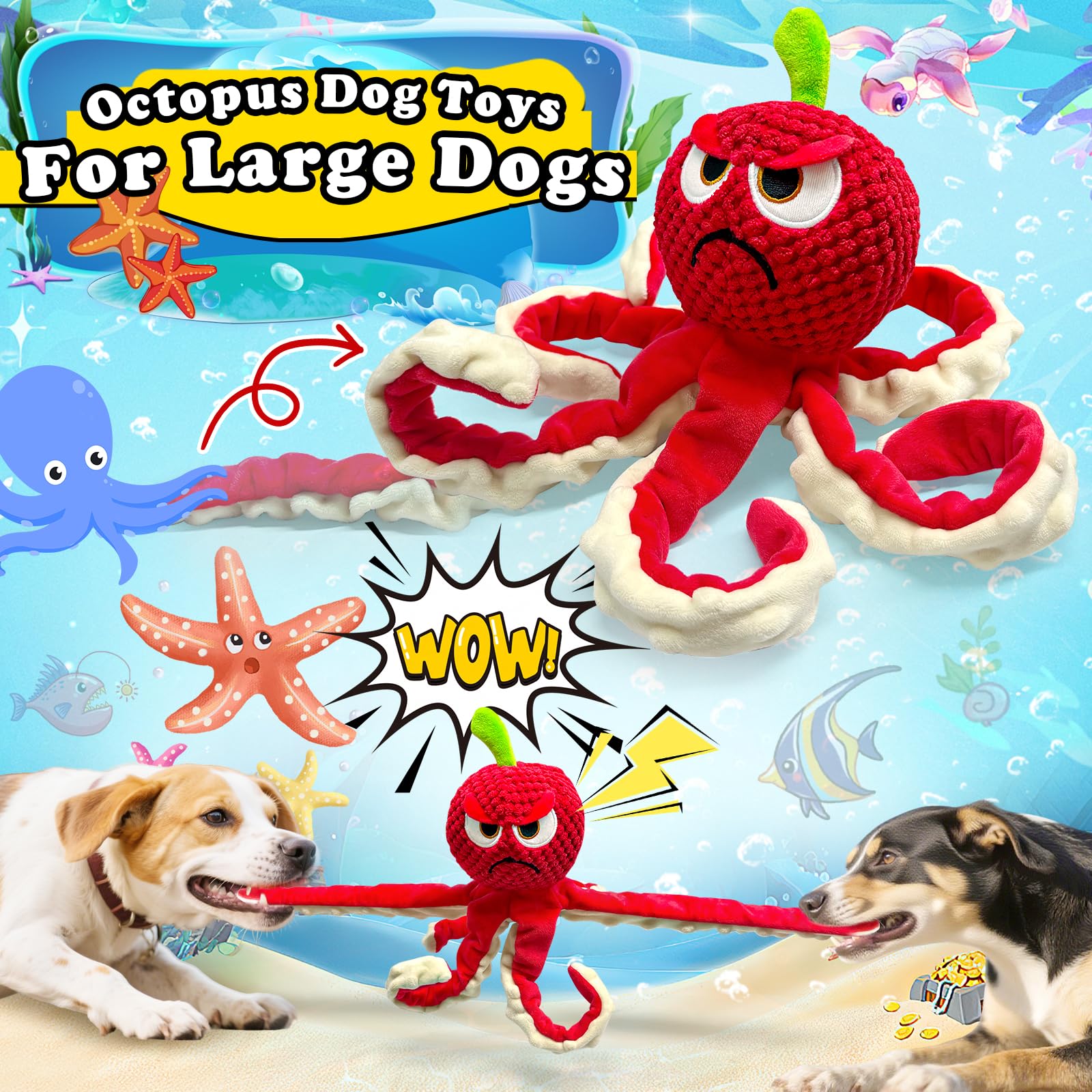 Jeefome octopus dog toy with squeaker in the head for interactive sound rewards.