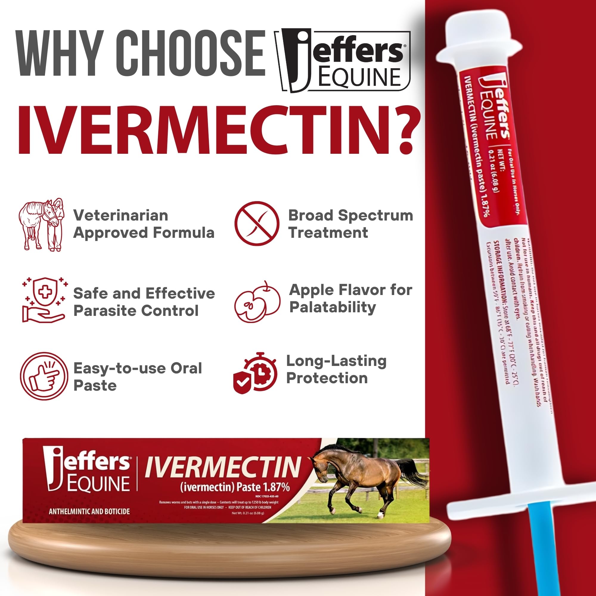 Jeffers apple-flavored paste syringe shows easy dosing for horses.