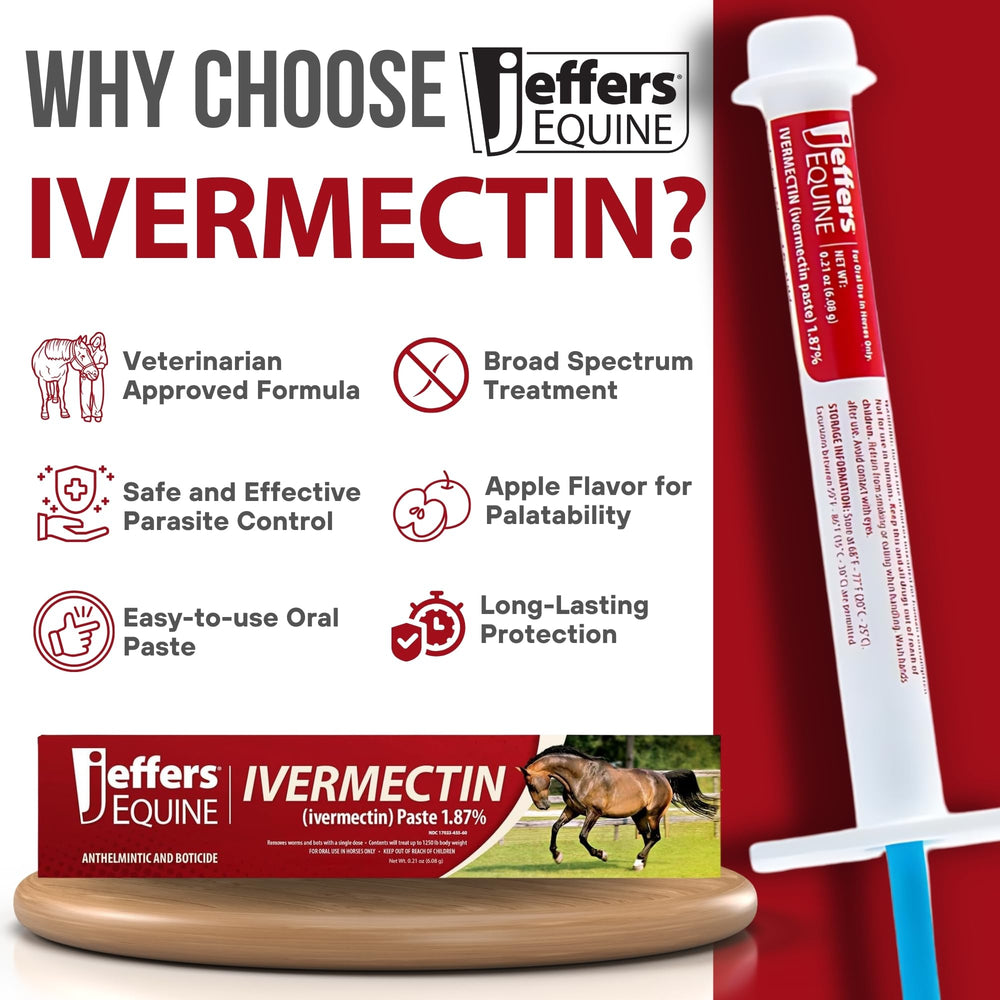 Jeffers apple-flavored paste syringe shows easy dosing for horses.