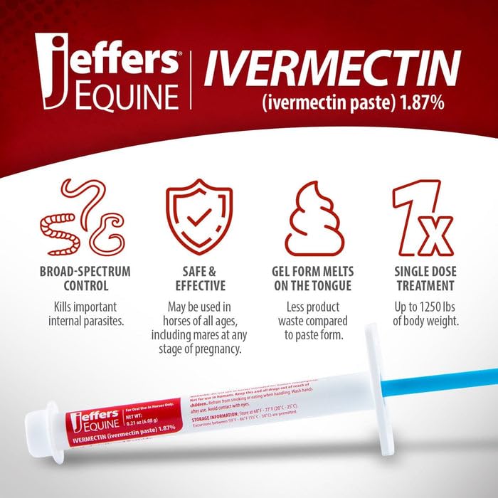 Jeffers Ivermectin gel suitable for foals, mares, and stallions.
