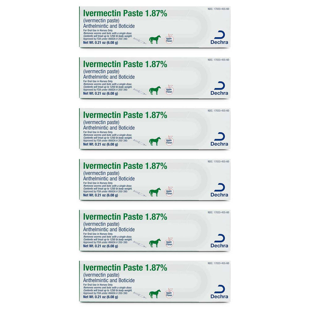 Jeffers Ivermectin Paste 6ct packaging highlighting broad-spectrum parasite protection for horses