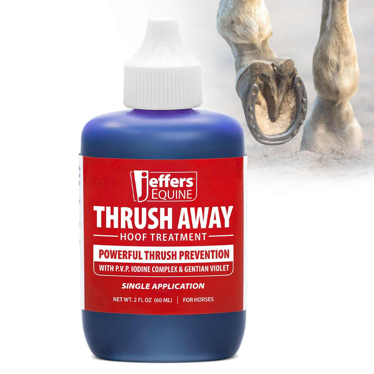Jeffers Thrush Away bottle with iodine hoof solution for routine hoof care and cleanliness.
