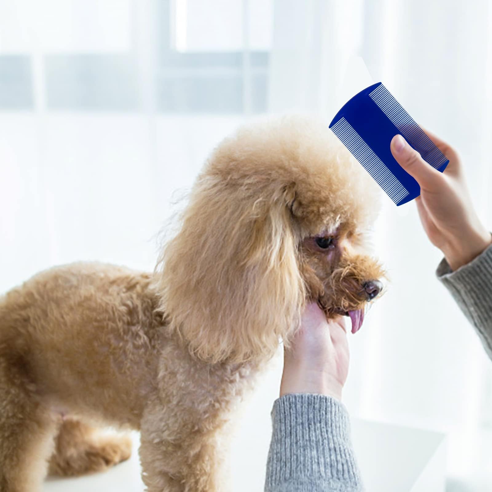 Jegtew flea comb in-use during grooming session demonstrates detangling and coat care.