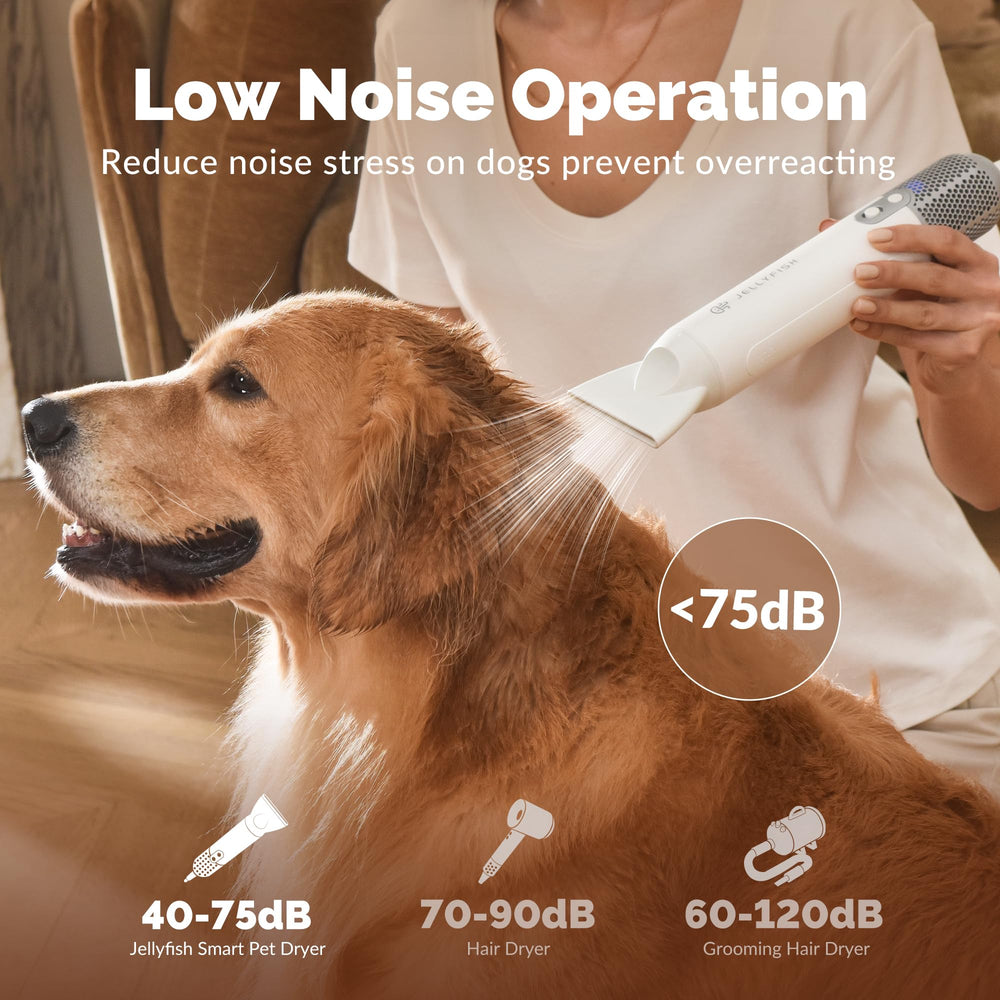 Jellyfish dog dryer side handle emphasizes ergonomic balance for reduced fatigue.