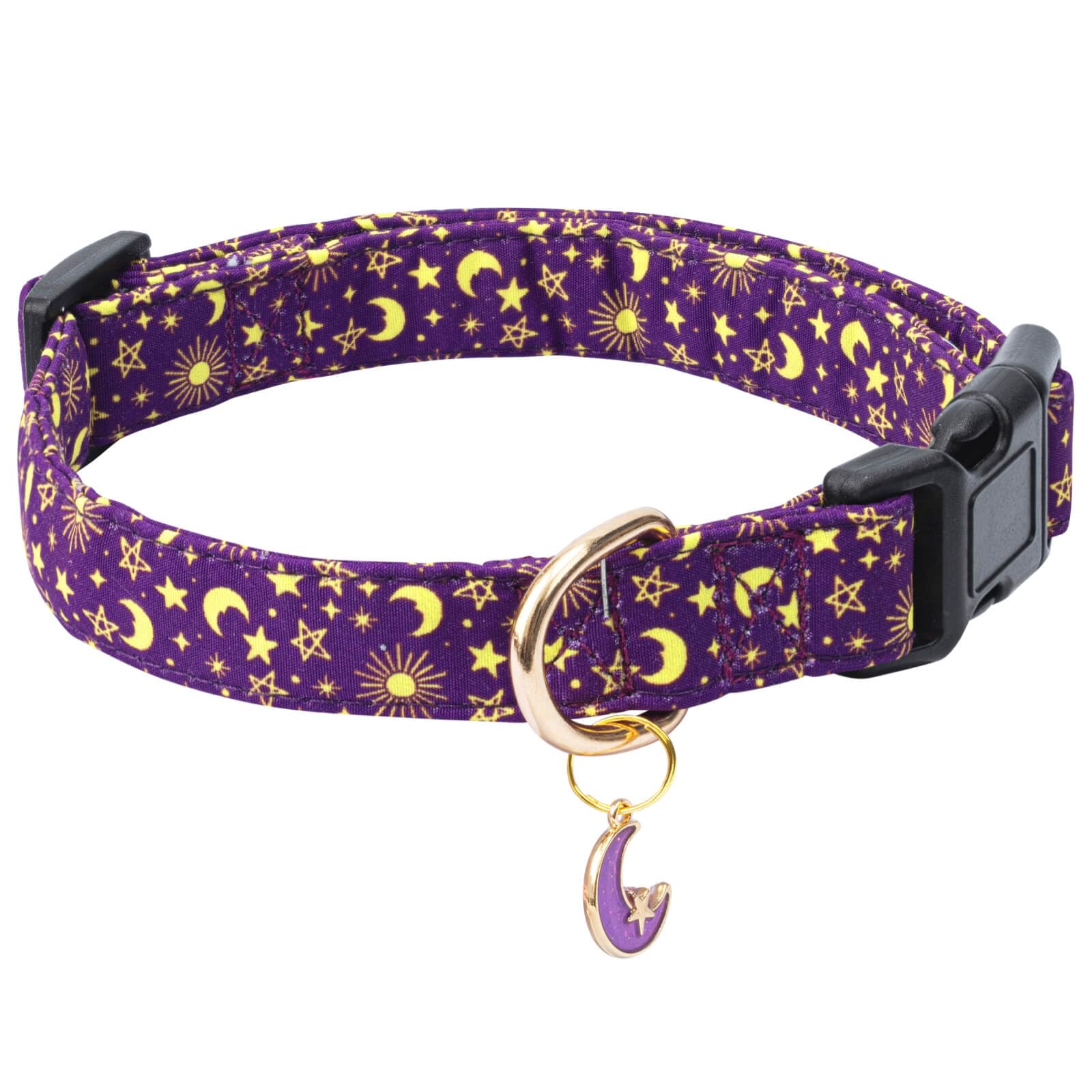 Jelwuion Purple Moon dog collar closeup shows durable cotton weave for daily wear.