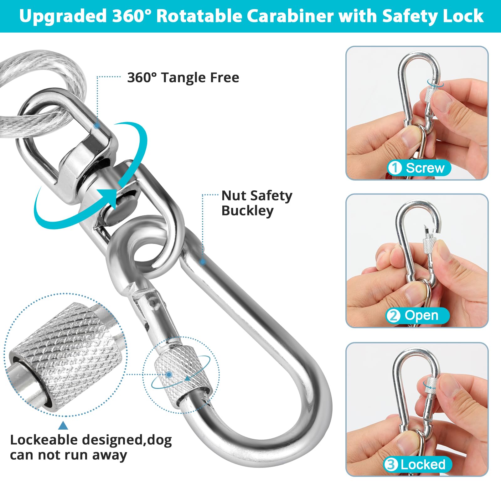 Jenico tie out cable with 360° rotation prevents tangling during play