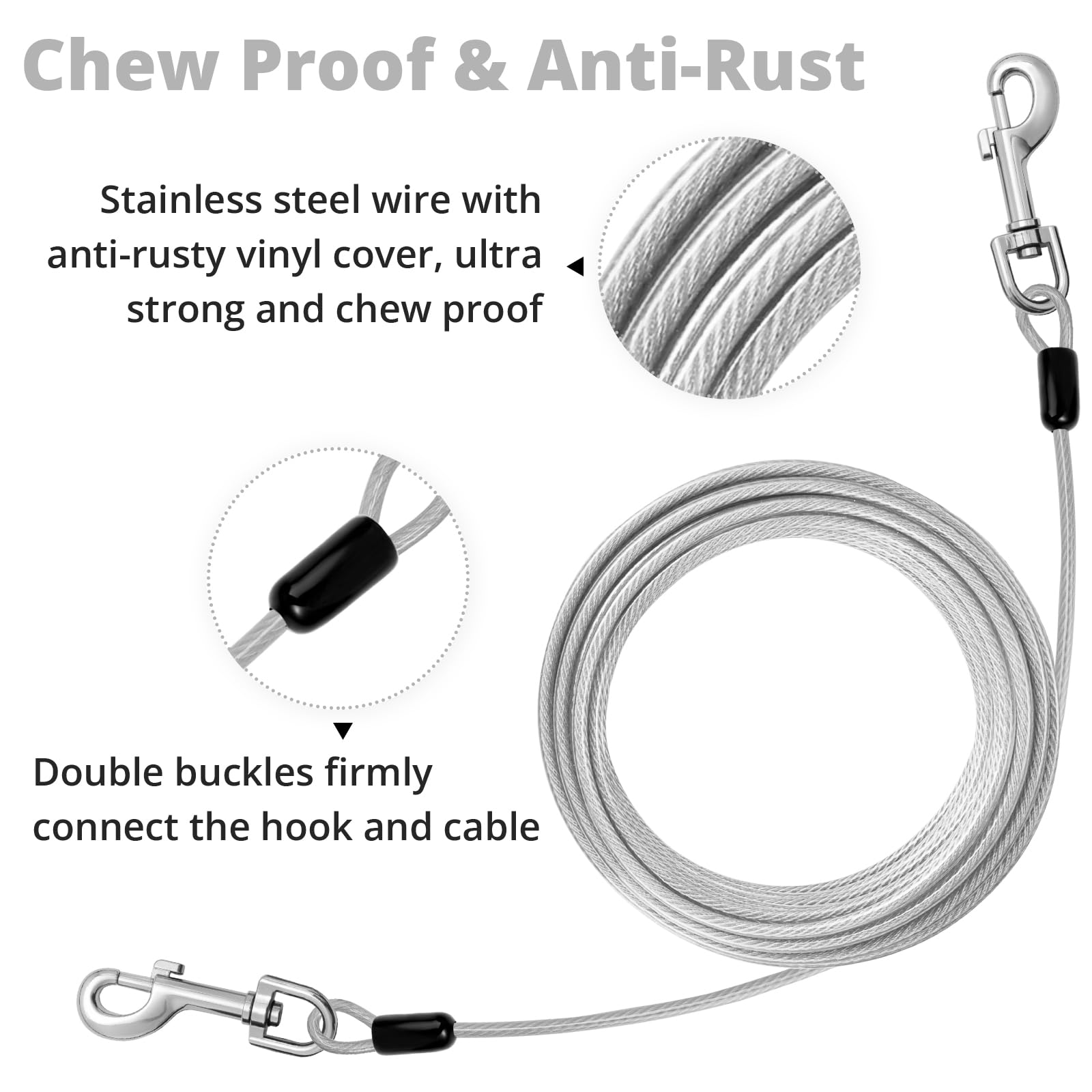 Jenico dog tie out cable shows 360° swivel clips preventing tangling during play.