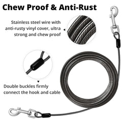 Jenico dog tie out cable 360 swivel clip highlights tangle-free roaming during outdoor adventures.