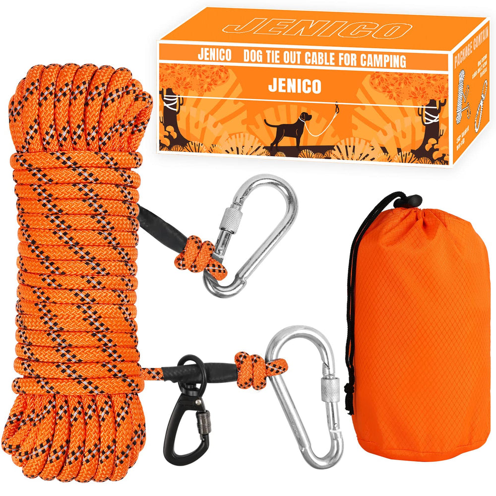 Jenico dog tie-out cable 50ft coil demonstrating compact storage and setup