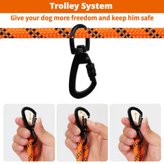 Jenico 70ft trolley system installed between two posts for camping