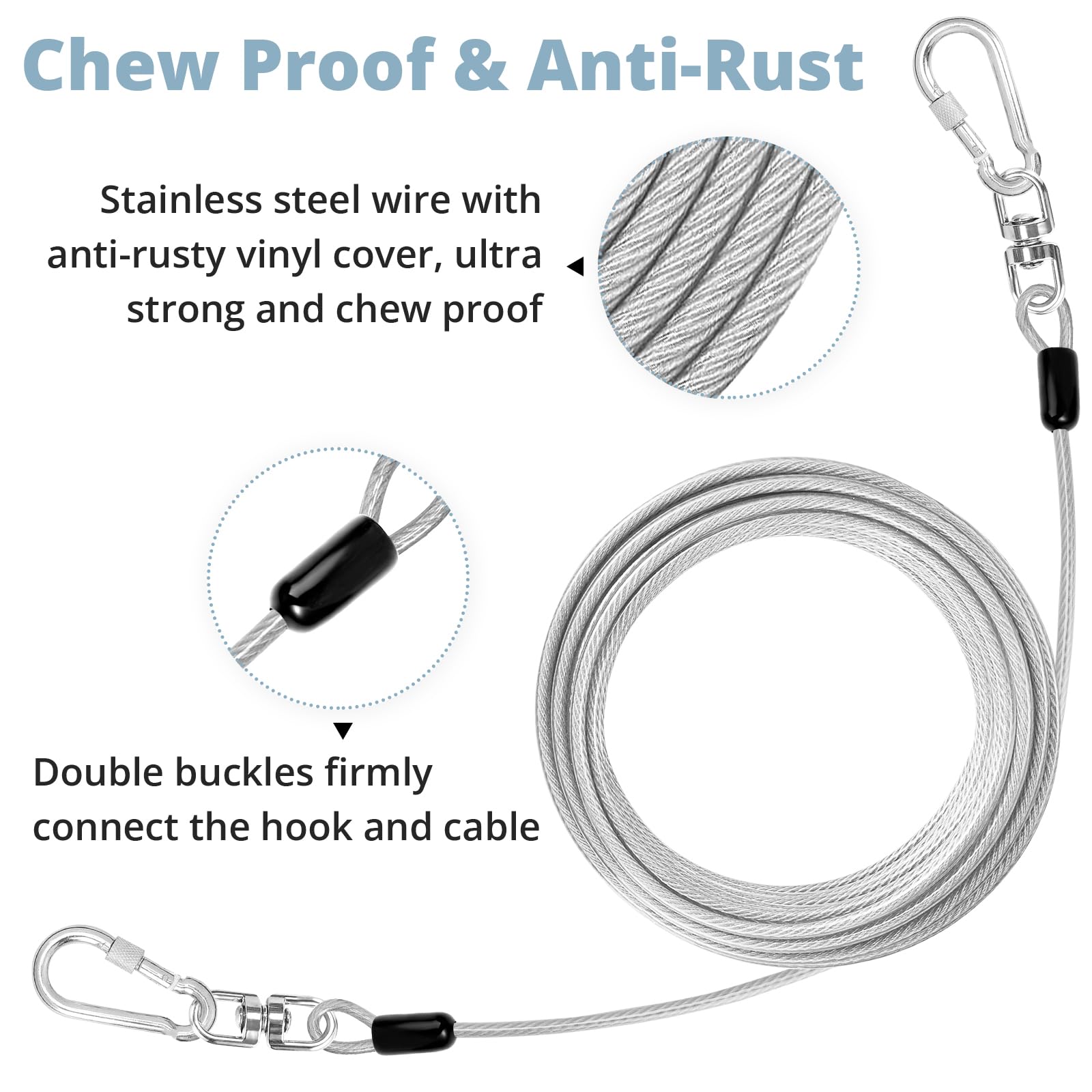 Jenico dog tie out cable stainless steel wire emphasizes durability against chewing and outdoor use.
