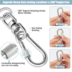 Jenico dog tie-out cable with PVC coating for weather resistance and durability.