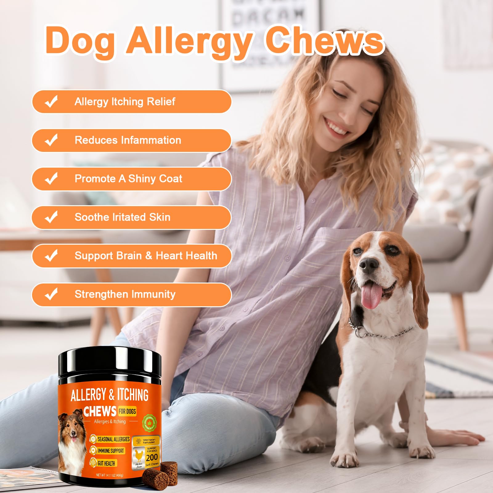 Jennandra Dog Allergy Chews bottle being poured for daily allergy relief routine.