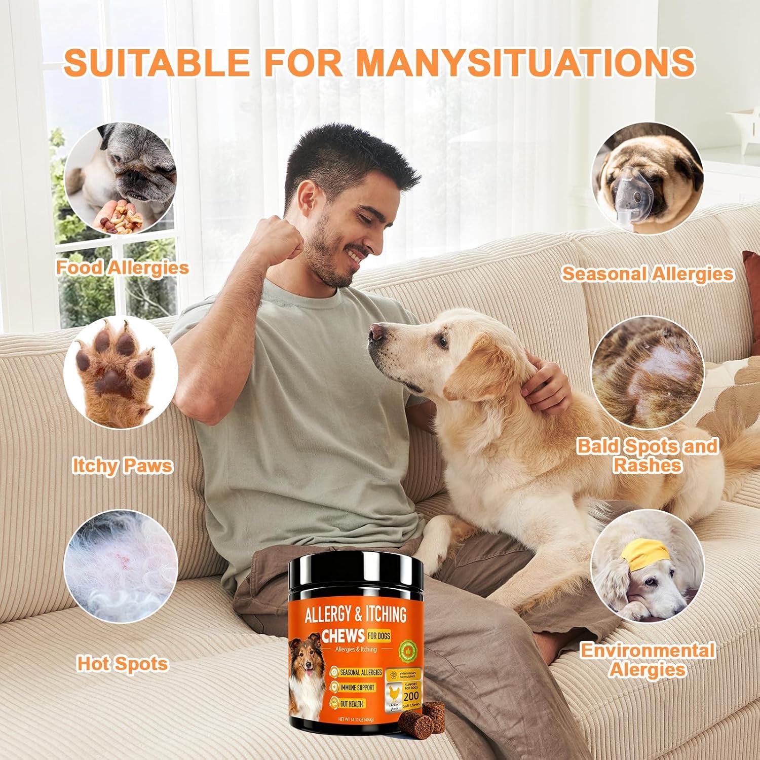 Jennandra dog allergy chews in-hand ready-to-administer for skin and coat vitality.