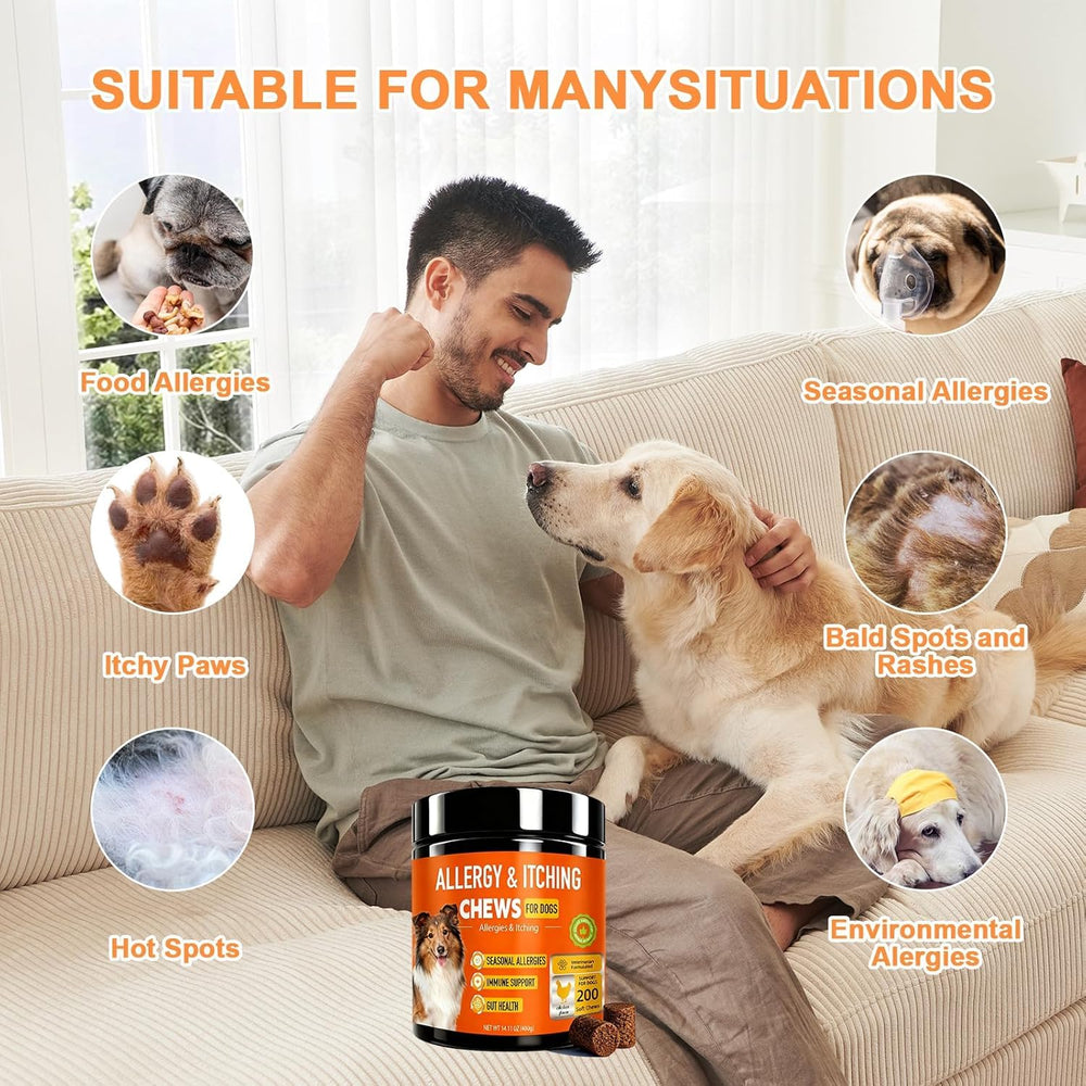 Jennandra dog allergy chews in-hand ready-to-administer for skin and coat vitality.