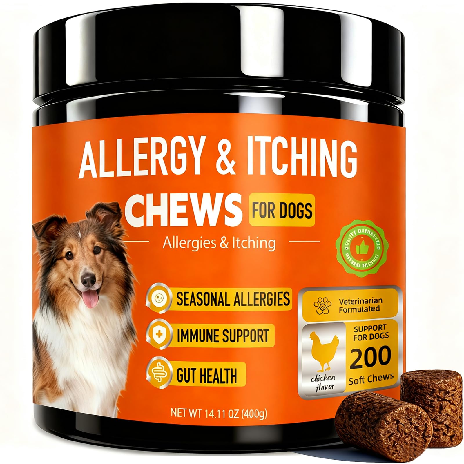 Jennandra Dog Allergy Chews brand logo beside a bowl and paw print.