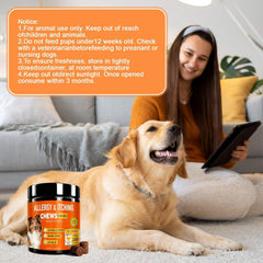 Jennandra dog allergy chews open jar with treats ready for easy dosing.