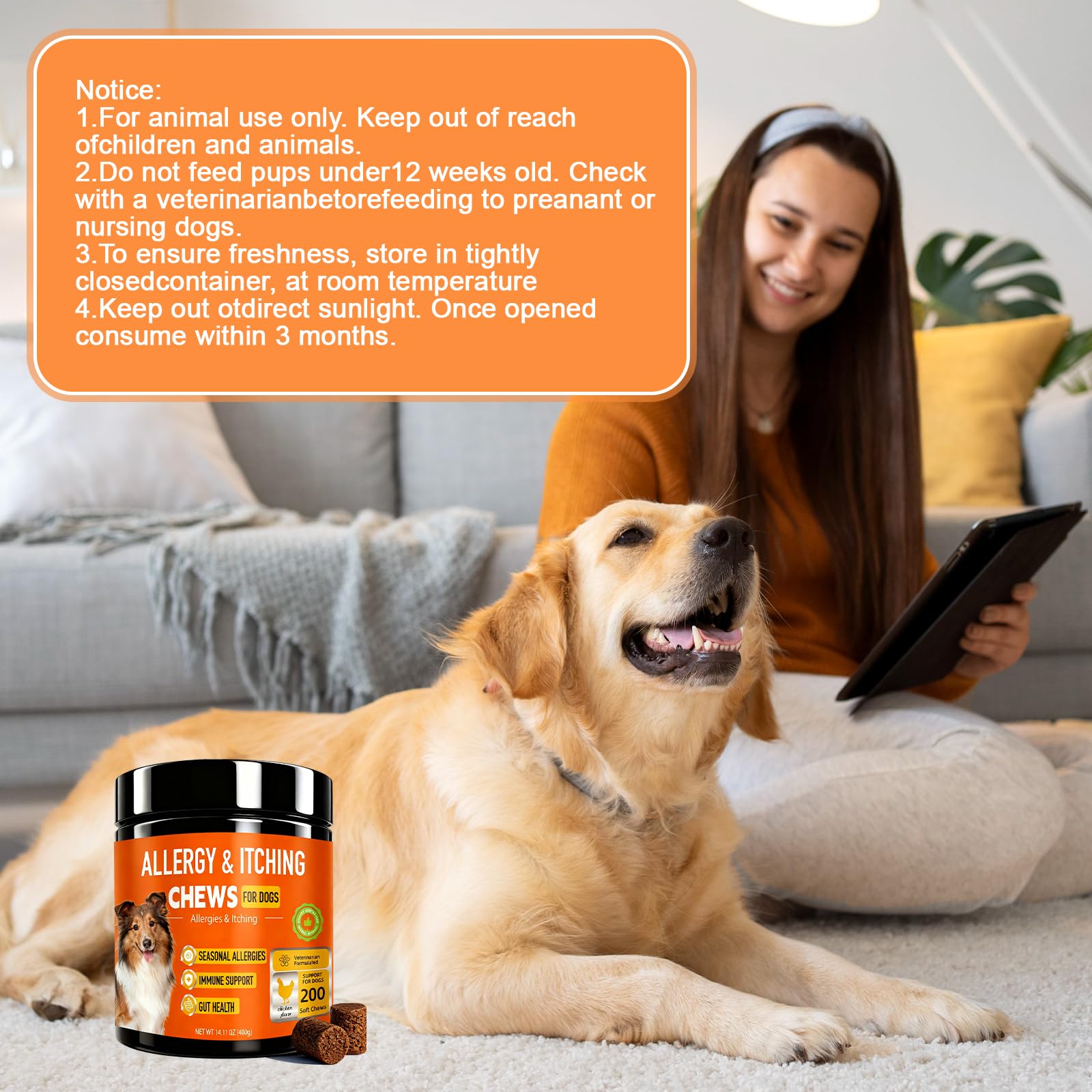 Jennandra Dog Allergy Chews packaging front shows grain-free formulation and chicken flavor.
