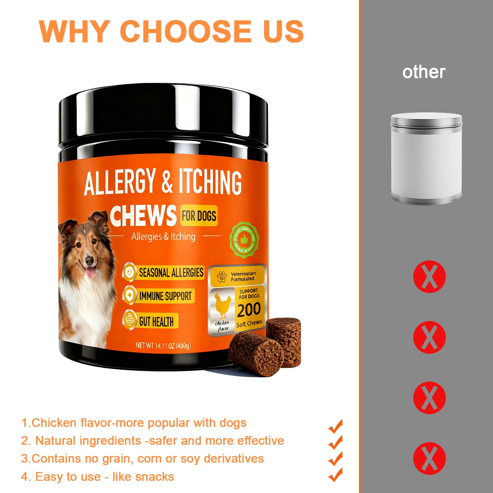 Jennandra Dog Allergy Chews close-up on textured chews with probiotic ingredients for skin health.
