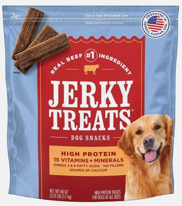 Jerky Treats American Beef dog jerky in a 60 oz bag for teeth and immune support.