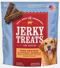 Jerky Treats American Beef dog jerky in a 60 oz bag for teeth and immune support.