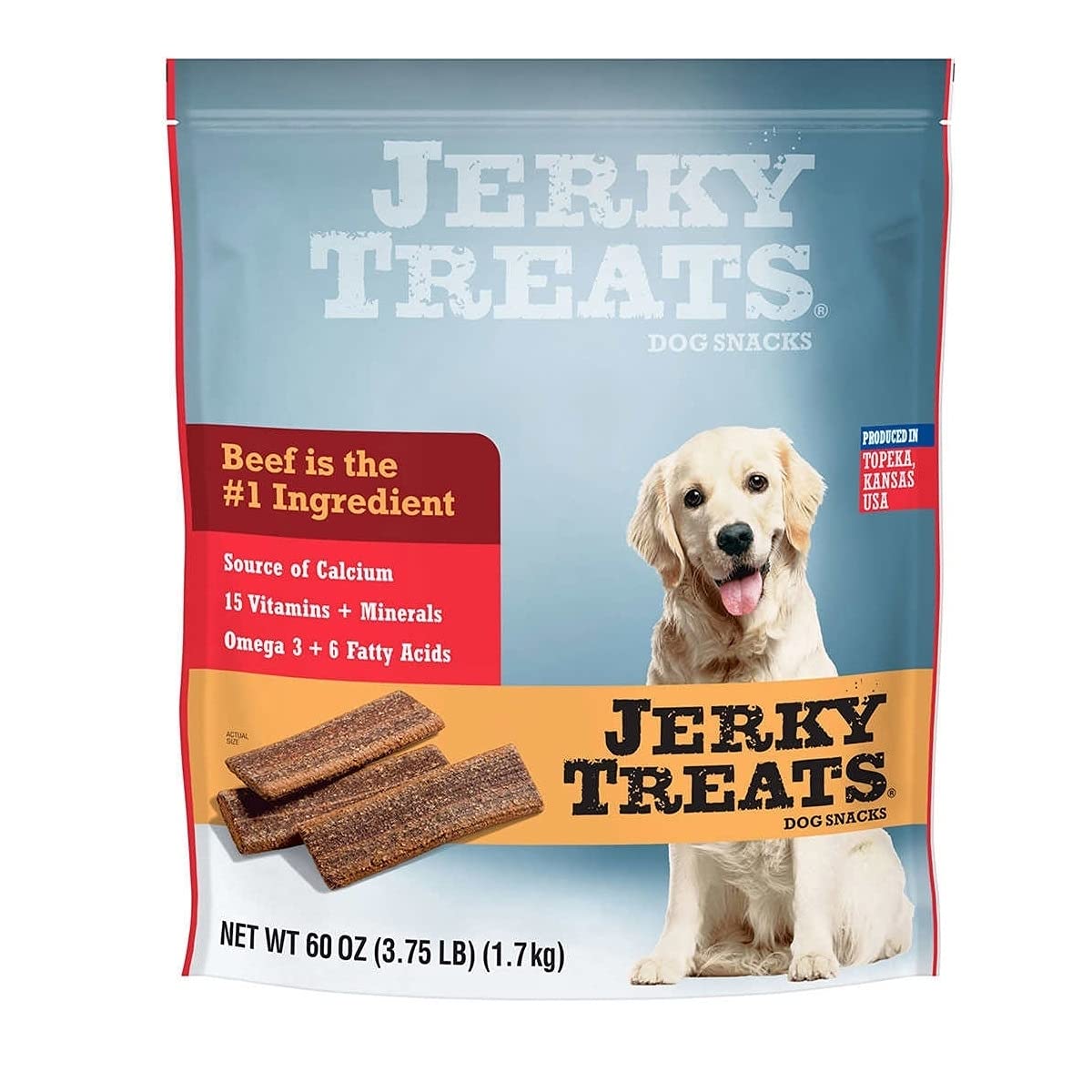 Jerky Treats Tender Beef Strips packaging shows USA-made dog snack with vitamins for overall wellness.