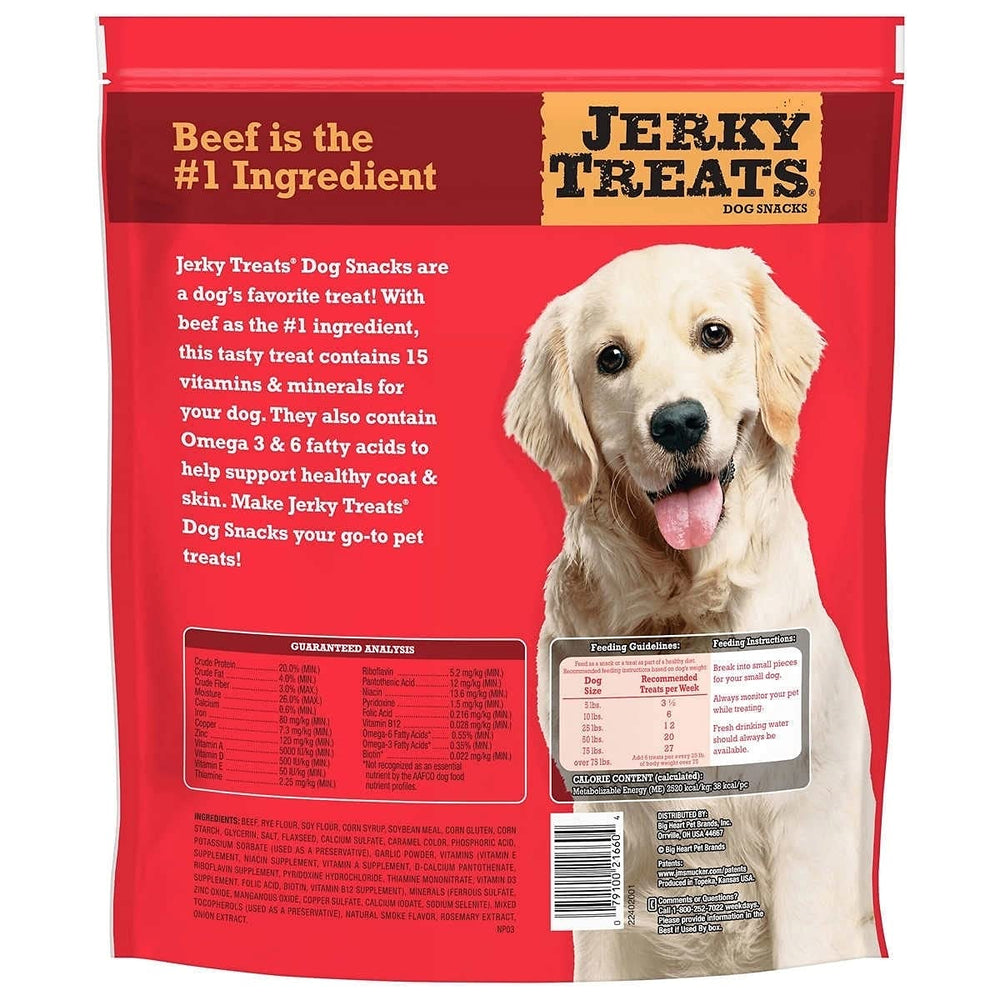 Jerky Treats Tender Beef Strips serving image highlights omega fatty acids for coat and skin health.