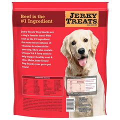 Jerky Treats Tender Beef Strips serving image highlights omega fatty acids for coat and skin health.