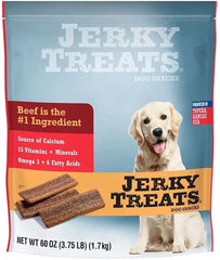 Jerky Treats Tender Strips bag front highlights American beef and omega-3 for a shiny coat.
