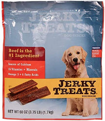 Jerky Treats Tender Strips Beef 60oz bag highlights a tasty snack that supports a healthy coat and skin.