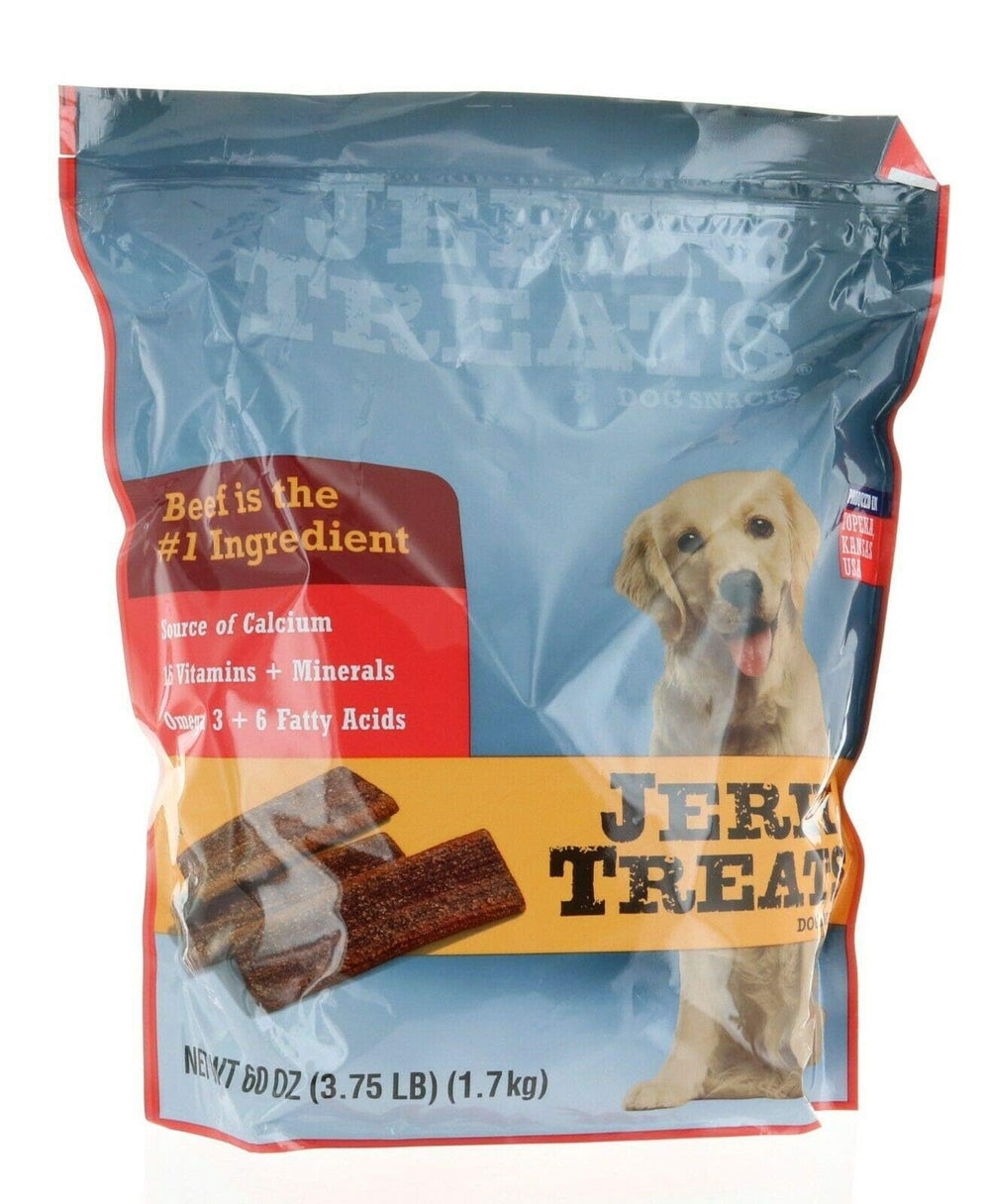 Jerky Treats Tender Strips beef nutrition label emphasizes protein and vitamins.