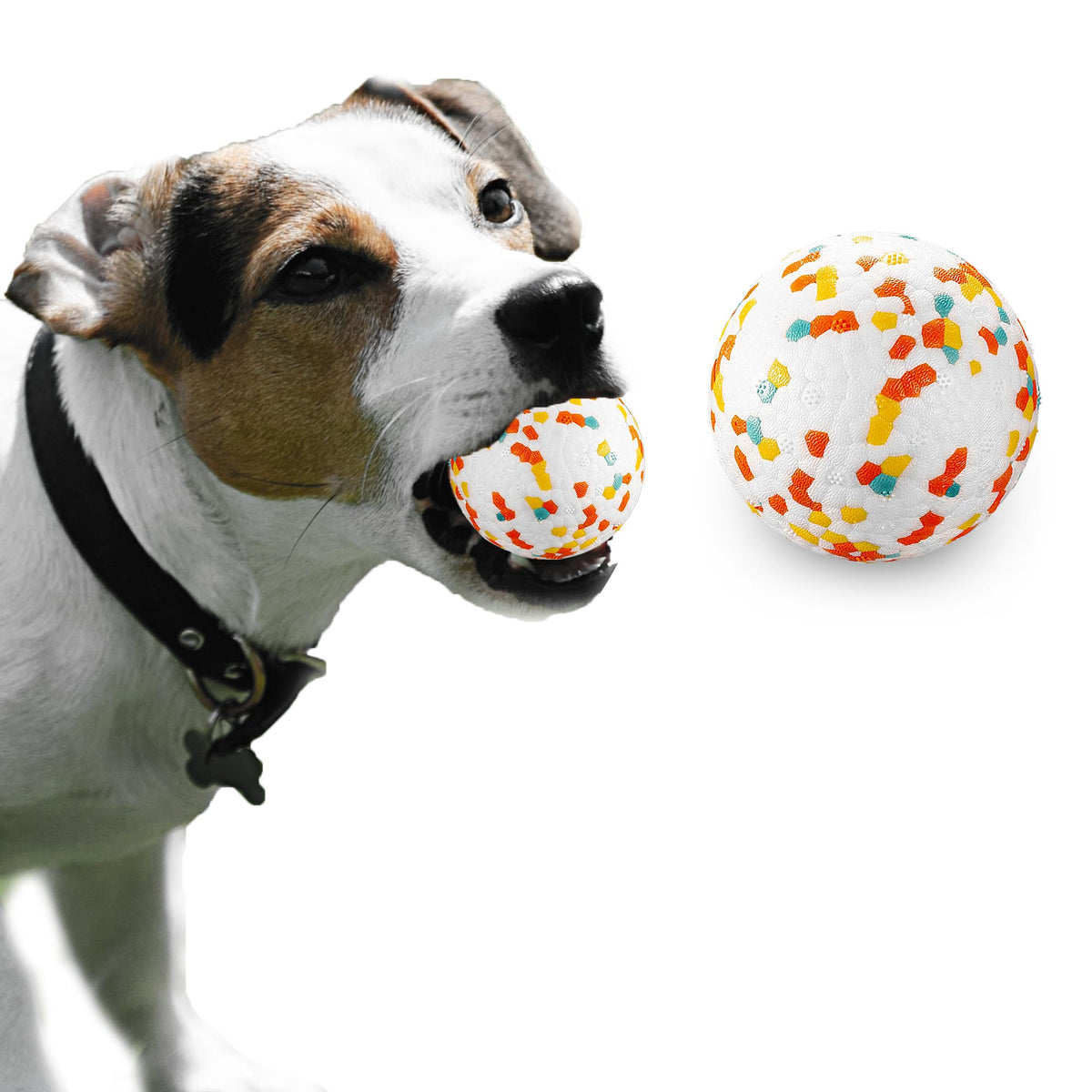 JEROCK dog ball showing bite resistant elastic design for tough chewers