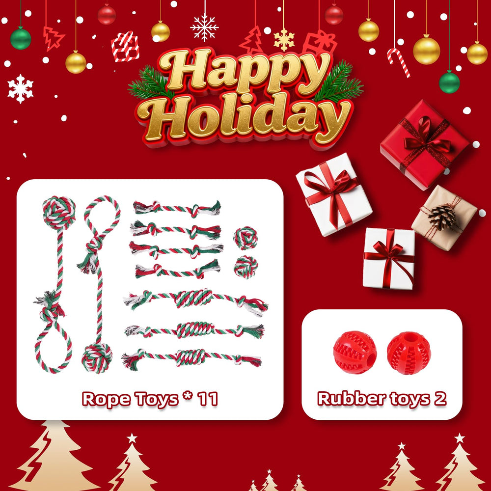 Jestrem Christmas dog toys 13-pack varied-toys colorful rope and rubber mix for interactive play
