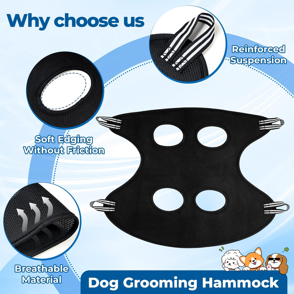 Jestrem Pet Grooming Hammock easy-install depicts quick setup from a shower rod or door.