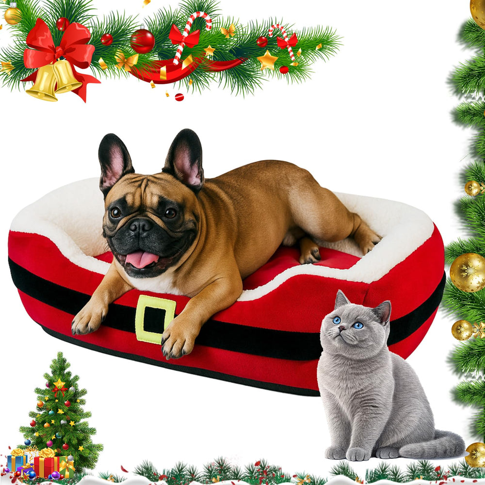 Jetec Christmas dog bed front view with Santa belt styling for festive lounging.