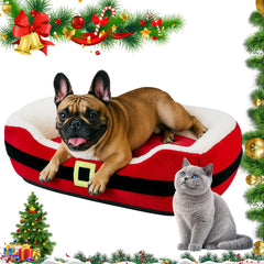 Jetec Christmas dog bed front view with Santa belt styling for festive lounging.