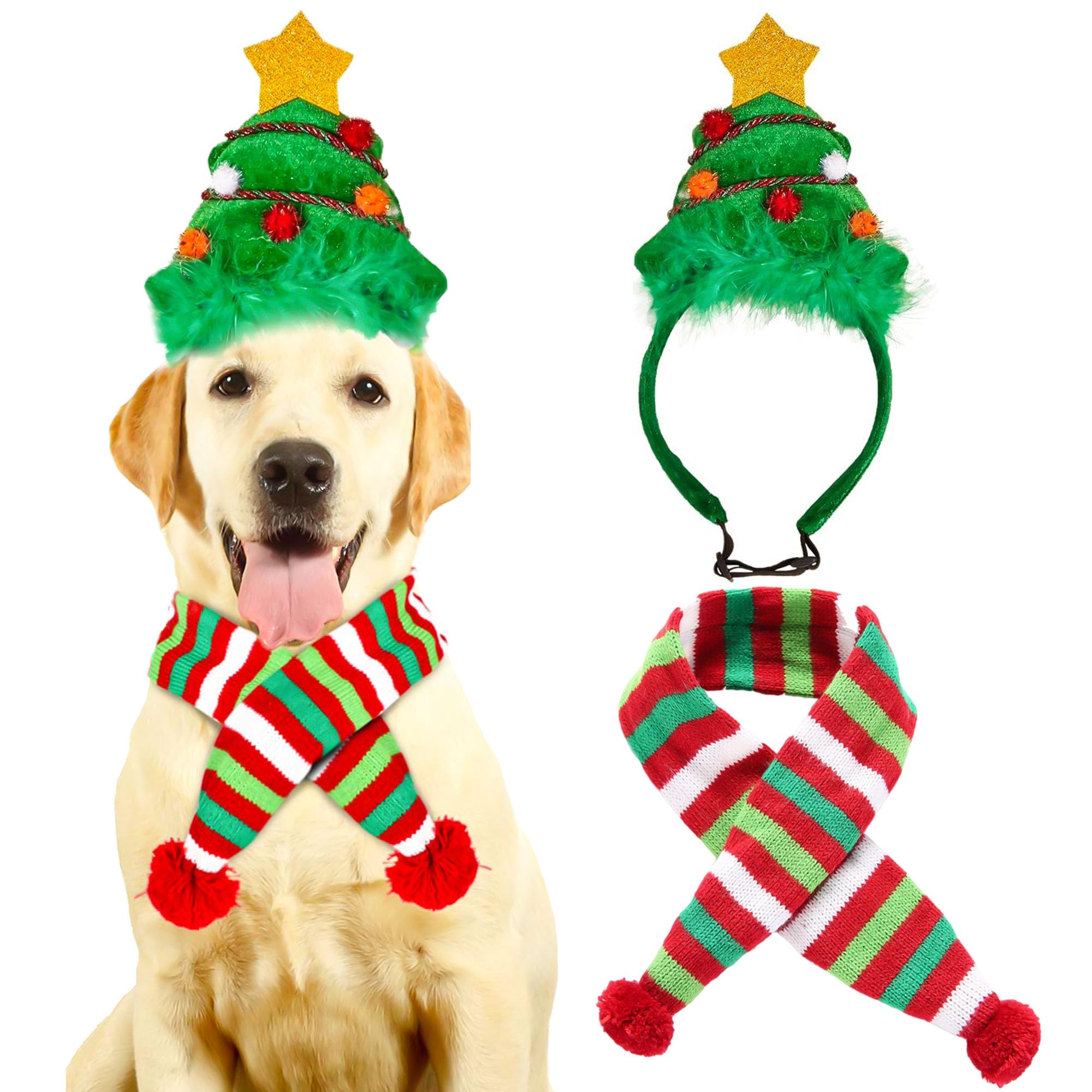 JeVenis Christmas Tree Hat Dog Costume on green fabric for festive photos