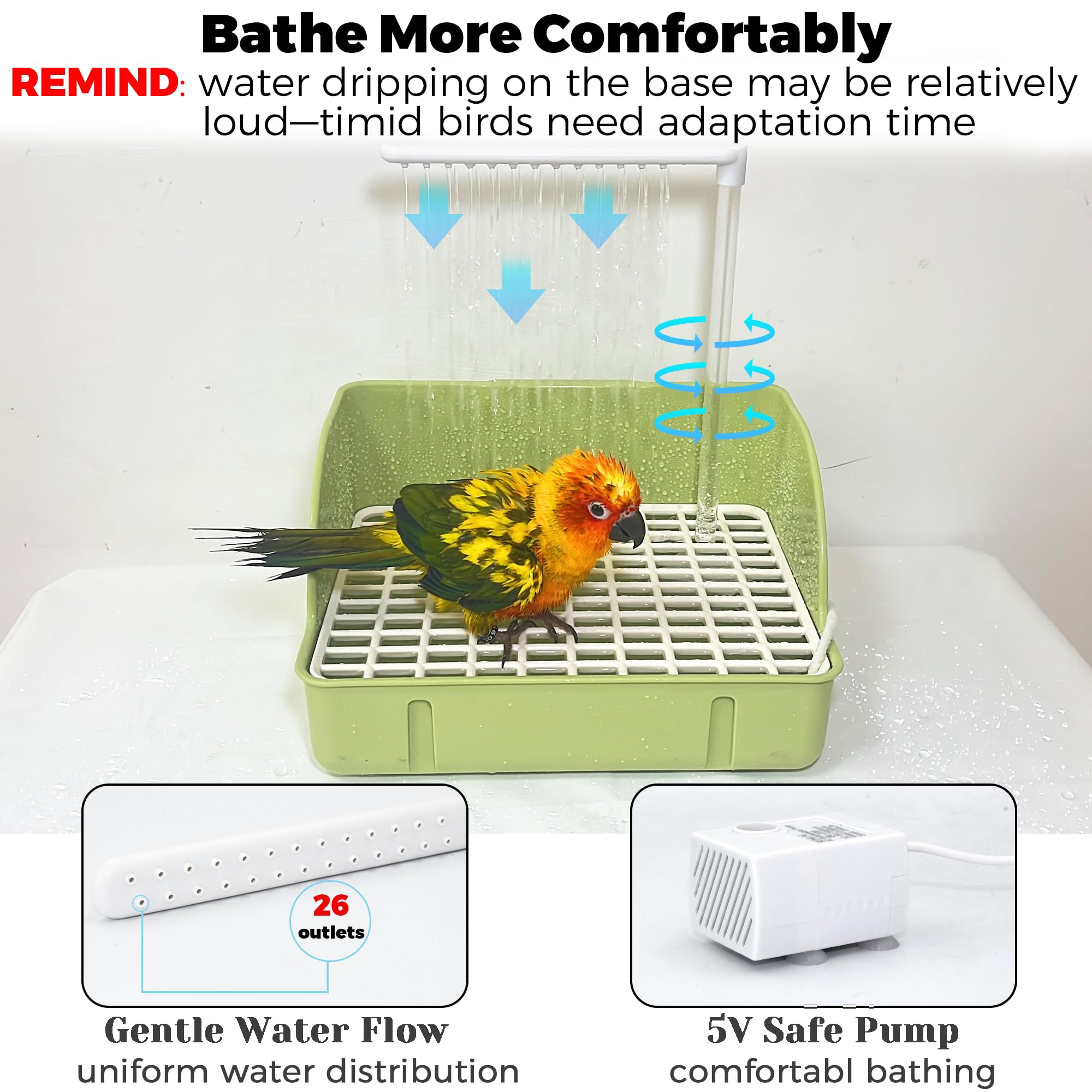 Jevnd bath feature shows dual use as bathing facility and feeder box