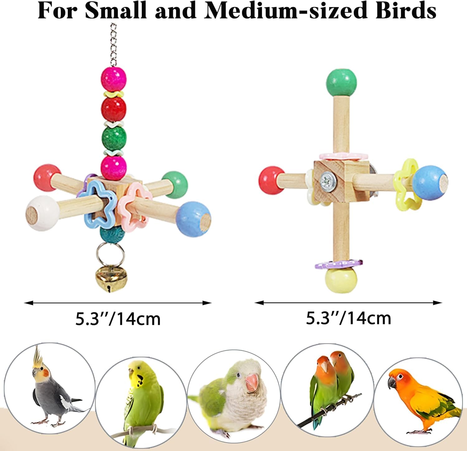 Jevnd Bird Spinner Toy with bells provides audible stimulation for small birds.